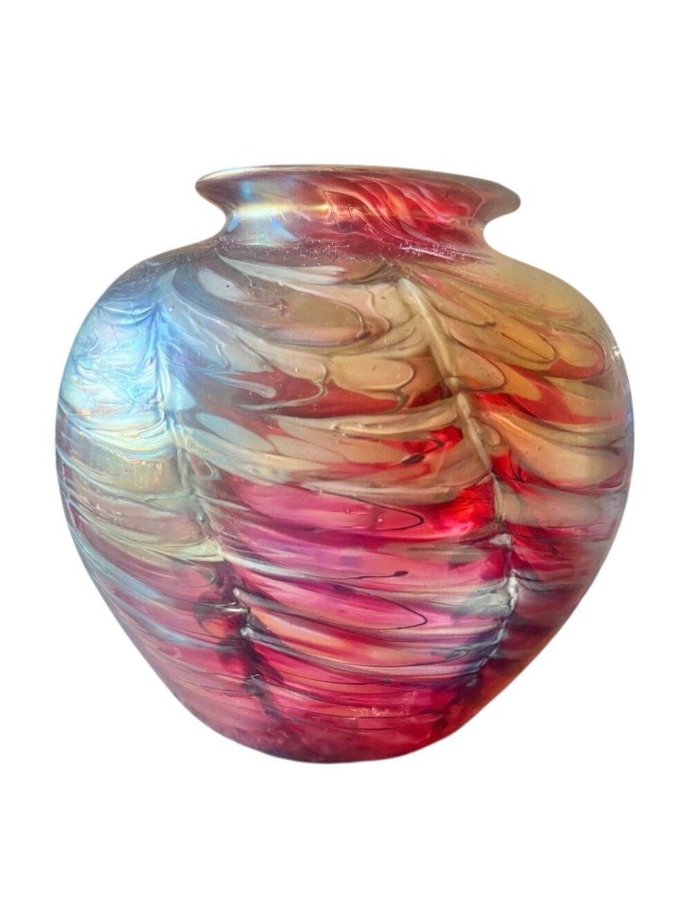 Daniel Lotton Pulled Feather Ruby Iridescent Art Glass Vase 5.5" Signed